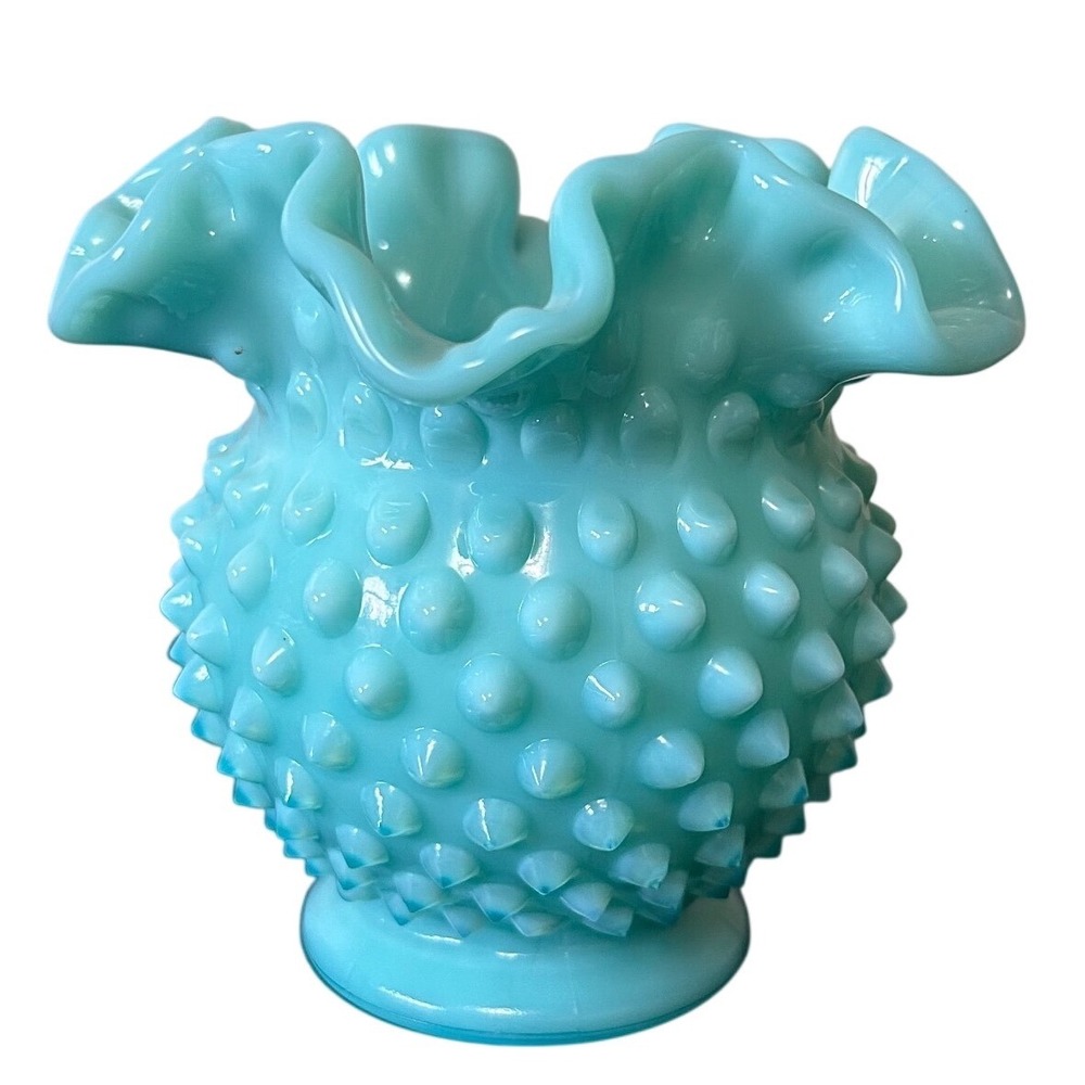 Fenton Turquoise Blue Hobnail Milk Glass Ruffled Vase 4.5 Inch Mid Century Retro